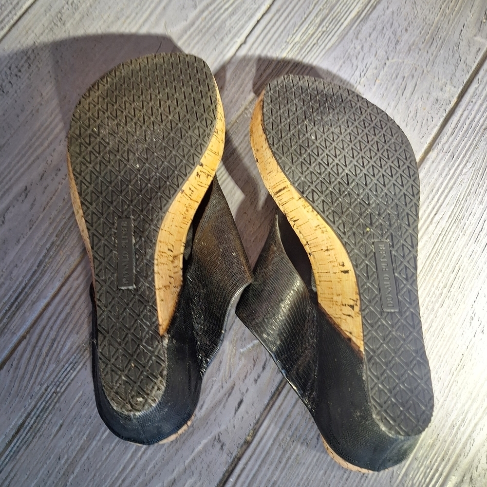 Donald J. Pliner Cork Metallic Black/Tan Leather Upper Malone Wedge Sandals 9 - Picture 3 of 13